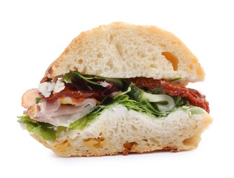 Photo of Delicious sandwich with prosciutto and sun dried tomatoes isolated on white