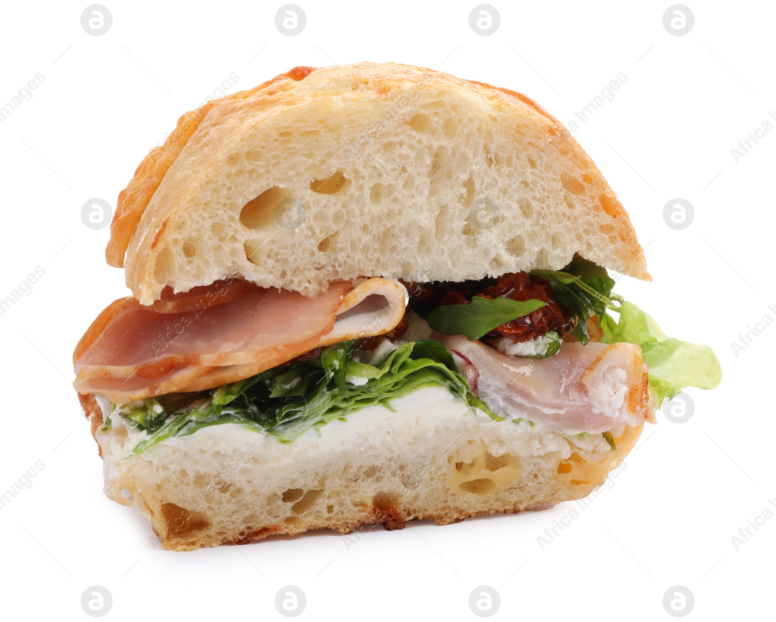 Photo of Delicious sandwich with prosciutto and sun dried tomatoes isolated on white