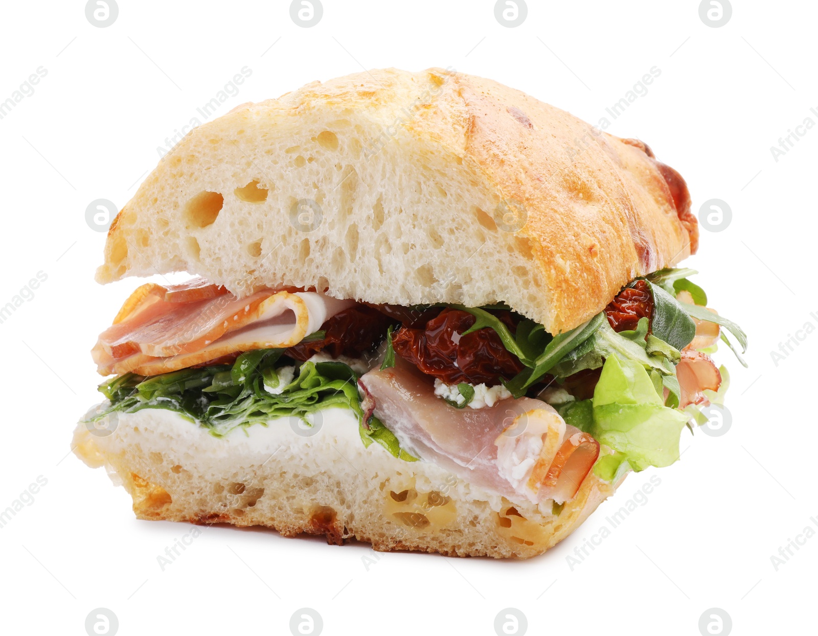 Photo of Delicious sandwich with prosciutto and sun dried tomatoes isolated on white