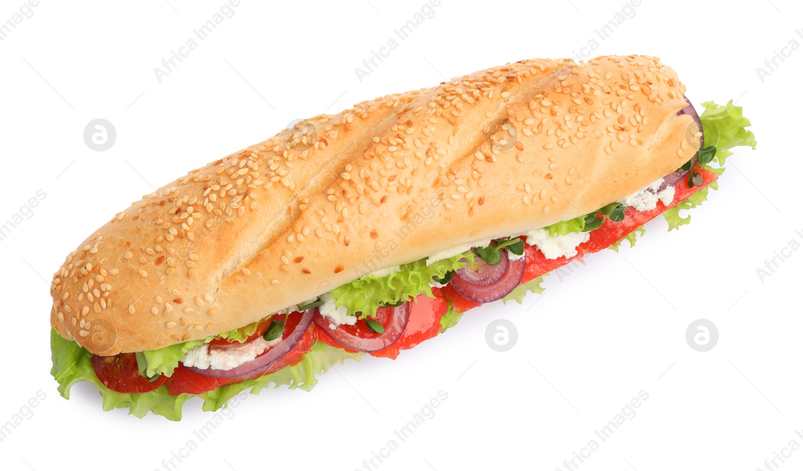 Photo of Delicious baguette sandwich with salmon isolated on white