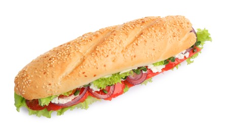 Photo of Delicious baguette sandwich with salmon isolated on white