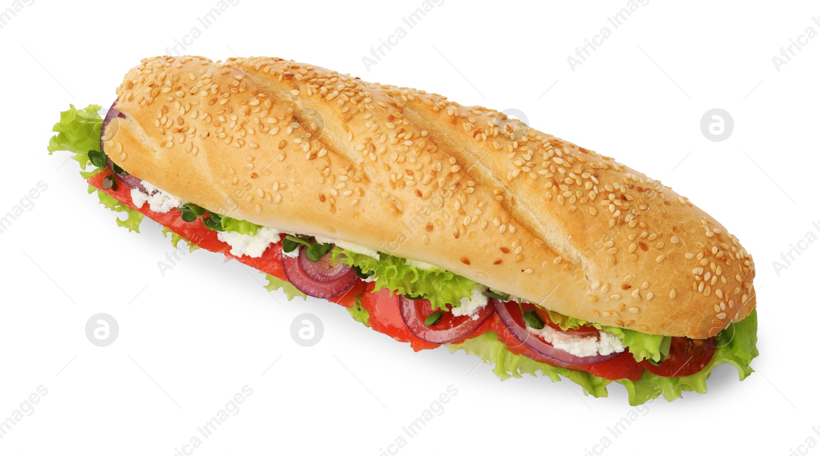 Photo of Delicious baguette sandwich with salmon isolated on white