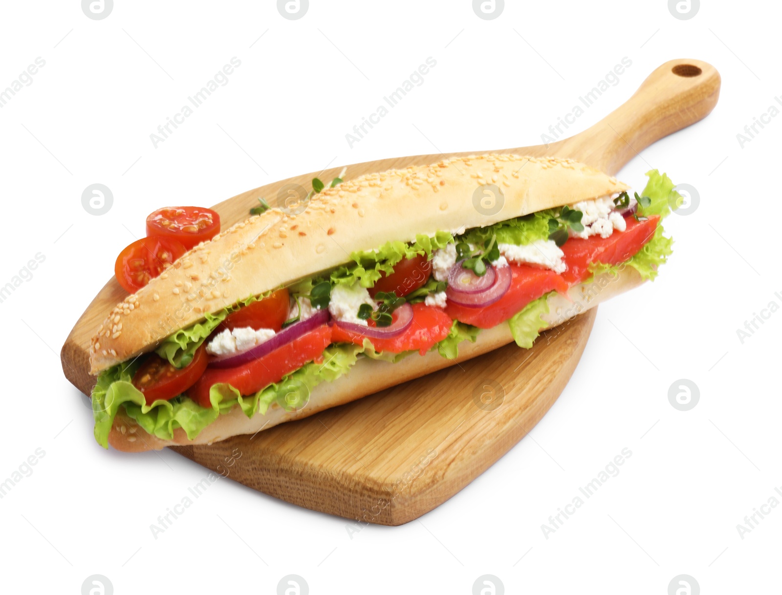 Photo of Delicious baguette sandwich with salmon isolated on white