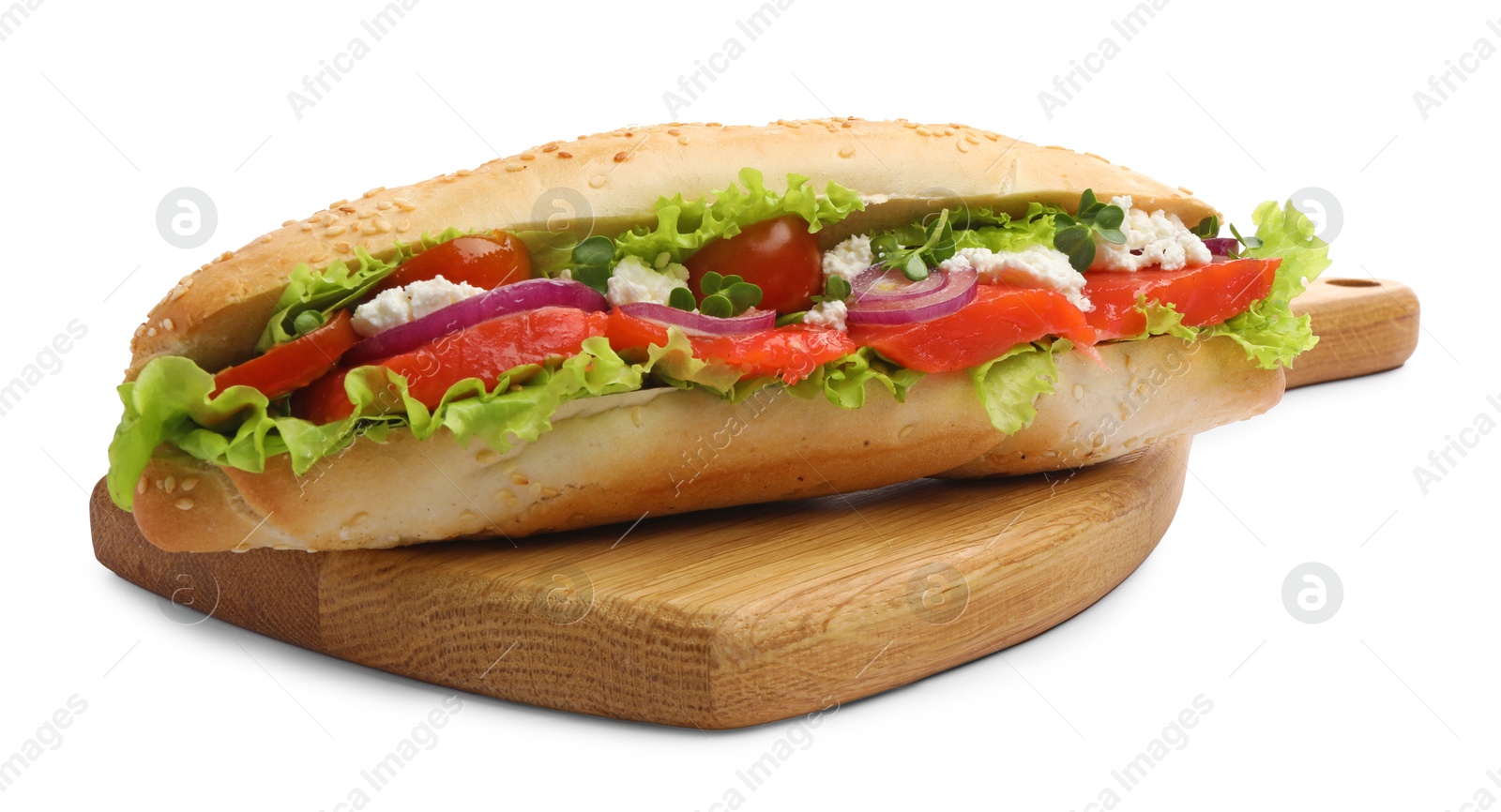 Photo of Delicious baguette sandwich with salmon isolated on white