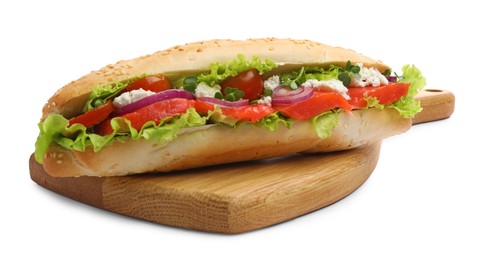 Photo of Delicious baguette sandwich with salmon isolated on white