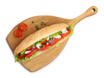 Photo of Delicious baguette sandwich with salmon isolated on white, top view