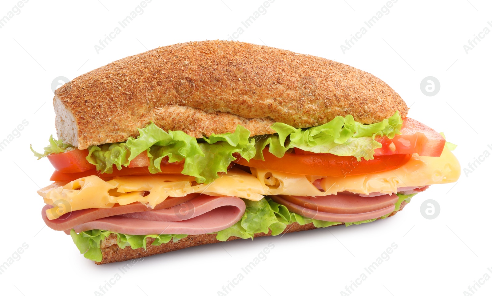 Photo of Delicious baguette sandwich with ham isolated on white