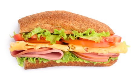 Photo of Delicious baguette sandwich with ham isolated on white, top view