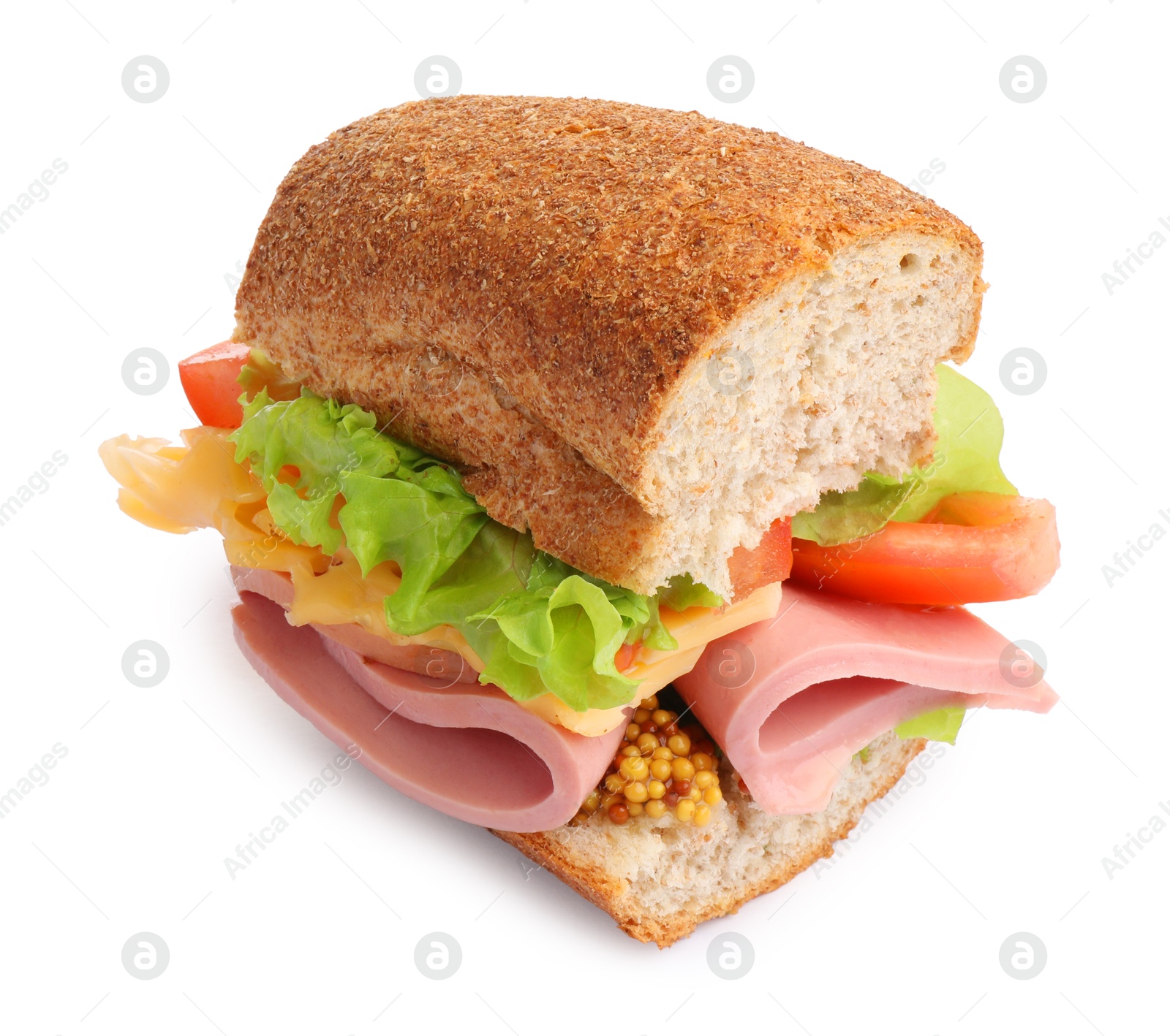 Photo of Delicious sandwich with ham isolated on white