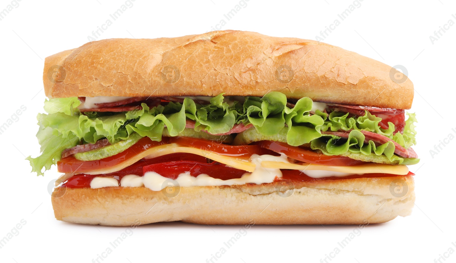 Photo of Delicious baguette sandwich with salami and cheese isolated on white