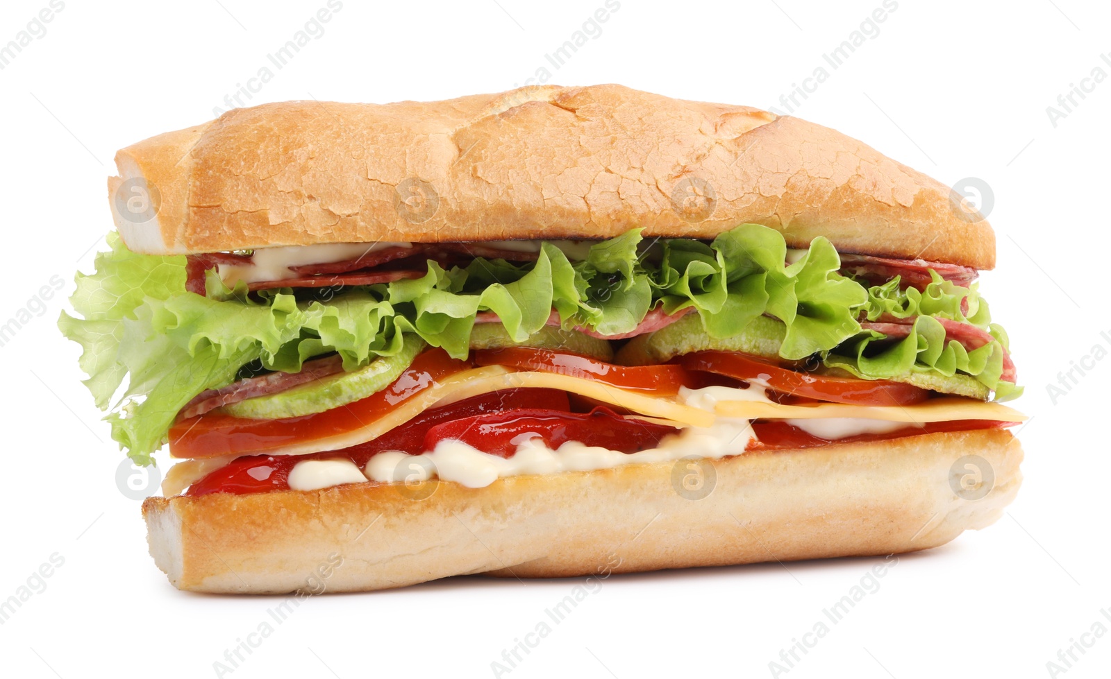 Photo of Delicious baguette sandwich with salami and cheese isolated on white