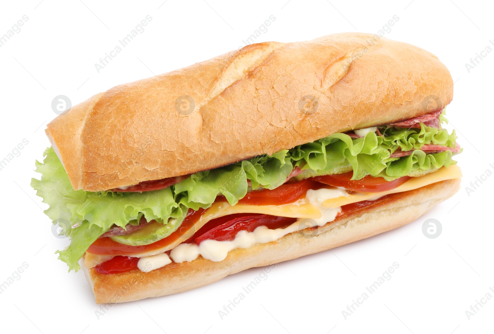 Photo of Delicious baguette sandwich with salami and cheese isolated on white