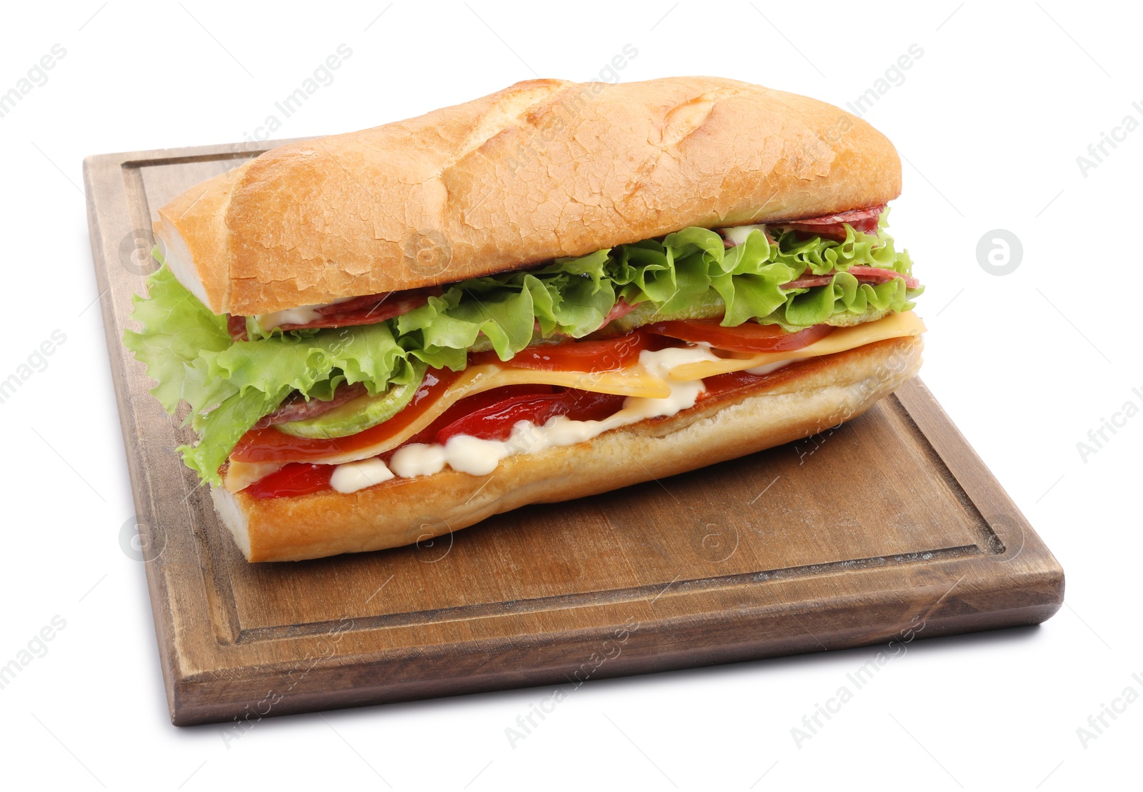 Photo of Delicious baguette sandwich with salami and cheese isolated on white