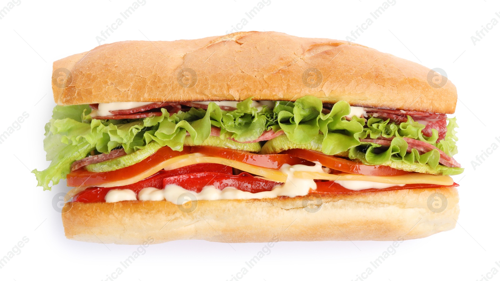 Photo of Delicious baguette sandwich with salami and cheese isolated on white, top view