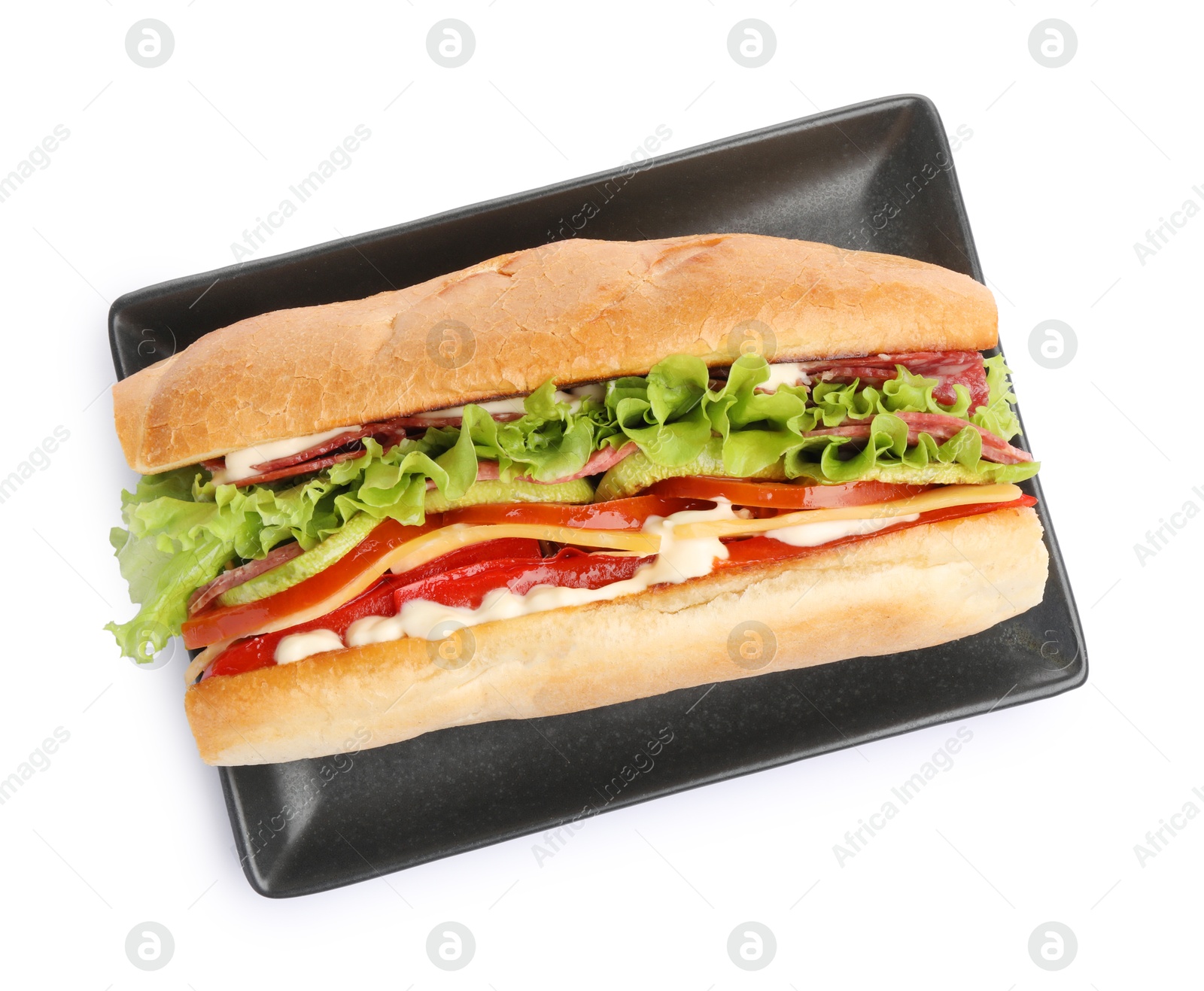 Photo of Delicious baguette sandwich with salami and cheese isolated on white, top view