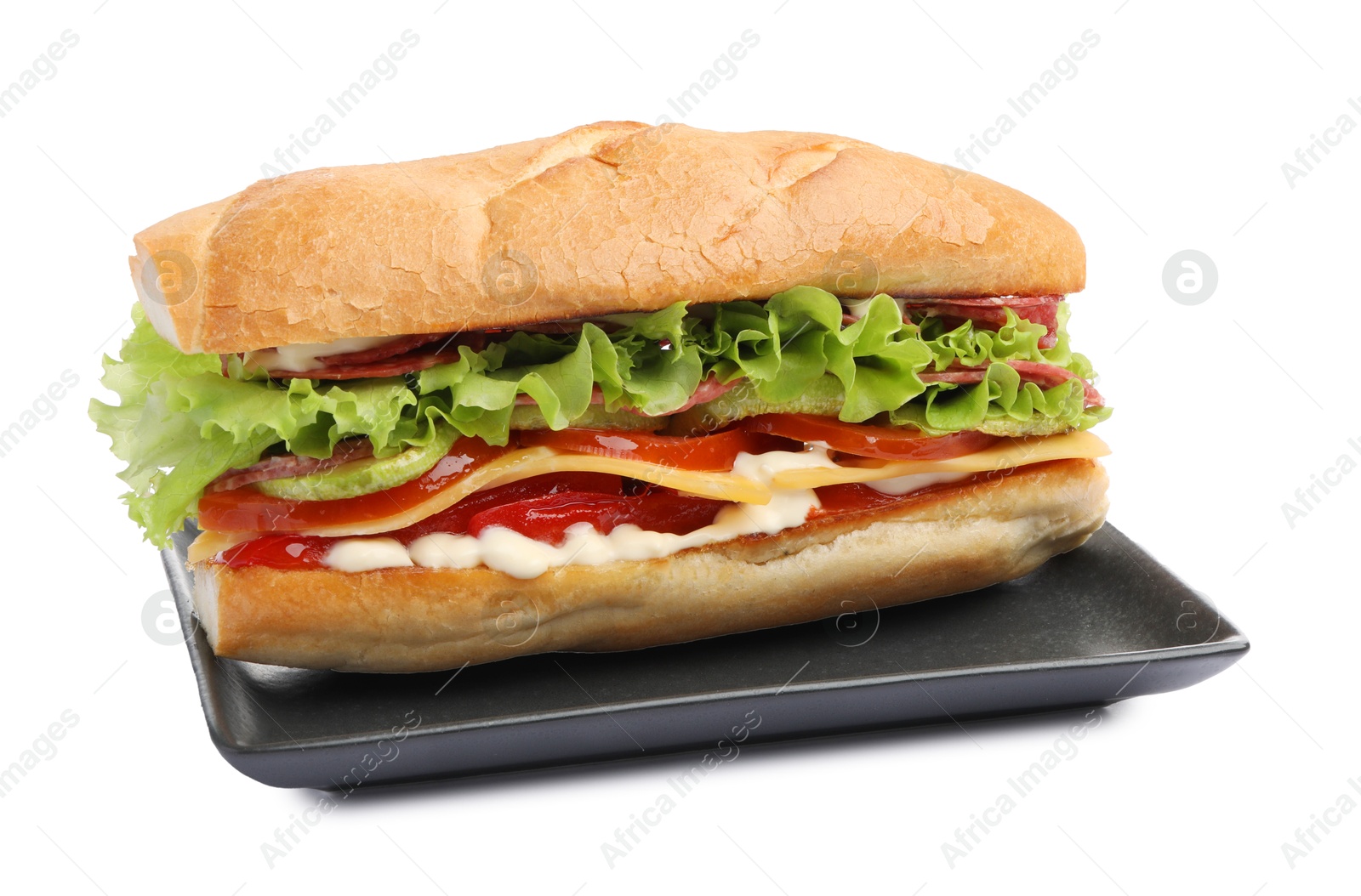 Photo of Delicious baguette sandwich with salami and cheese isolated on white