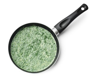 Photo of Delicious spinach sauce in frying pan isolated on white, top view