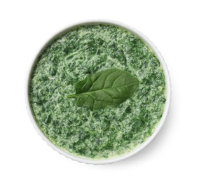 Delicious spinach sauce in bowl isolated on white, top view