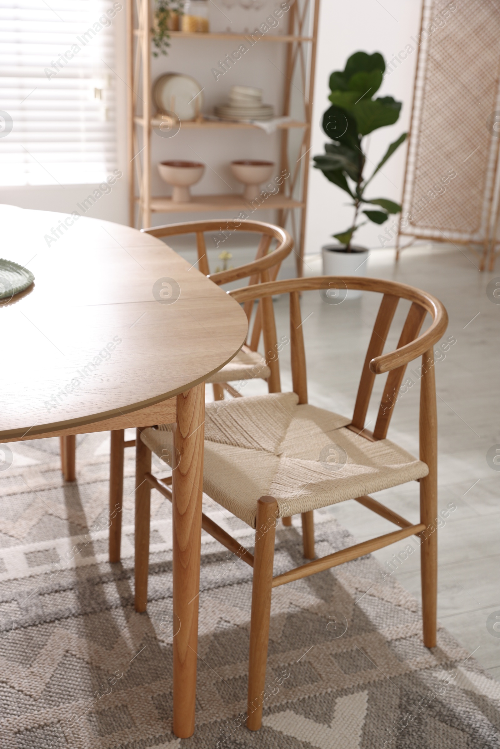 Photo of Stylish room with wooden table, chairs and houseplants. Interior design