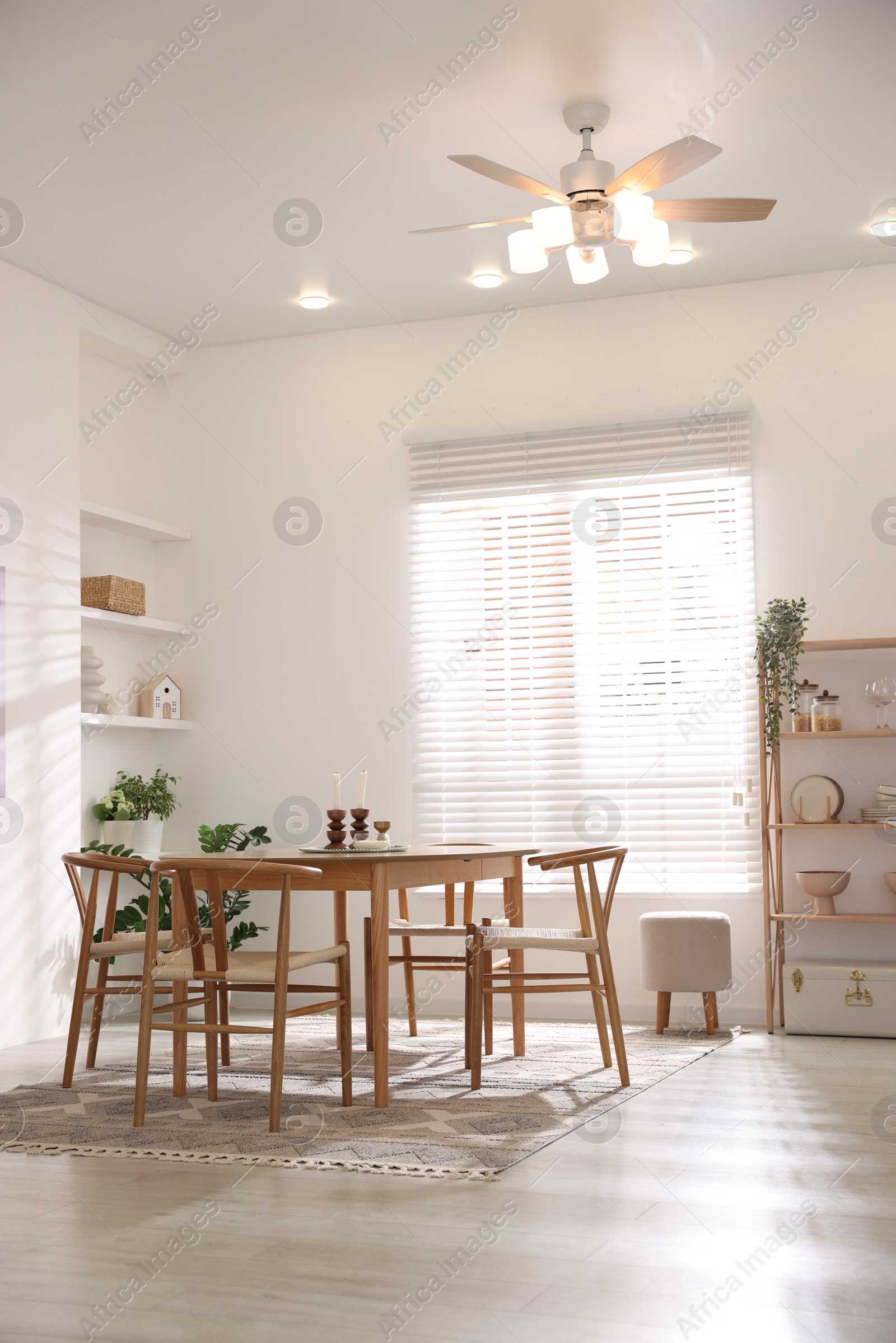 Photo of Stylish room with wooden table, chairs and houseplants. Interior design