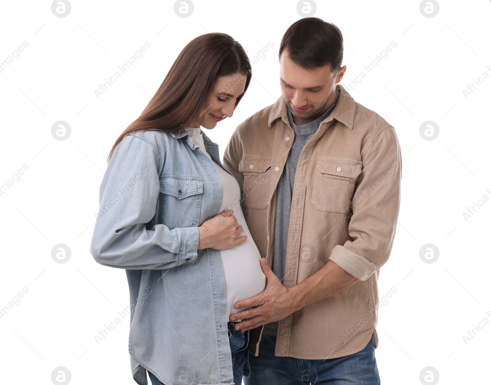 Photo of Pregnant woman and her husband on white background