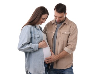 Photo of Pregnant woman and her husband on white background