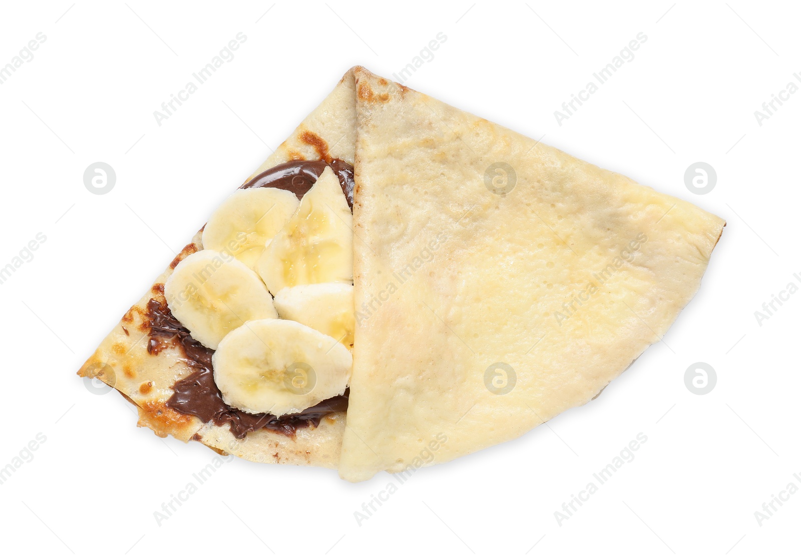 Photo of Delicious crepe with chocolate sauce and banana isolated on white, top view