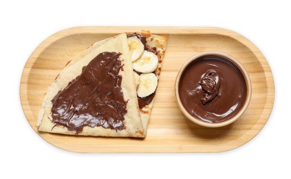 Photo of Delicious crepe with chocolate sauce and banana isolated on white, top view