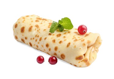 Photo of Delicious rolled crepe with cranberries and mint isolated on white