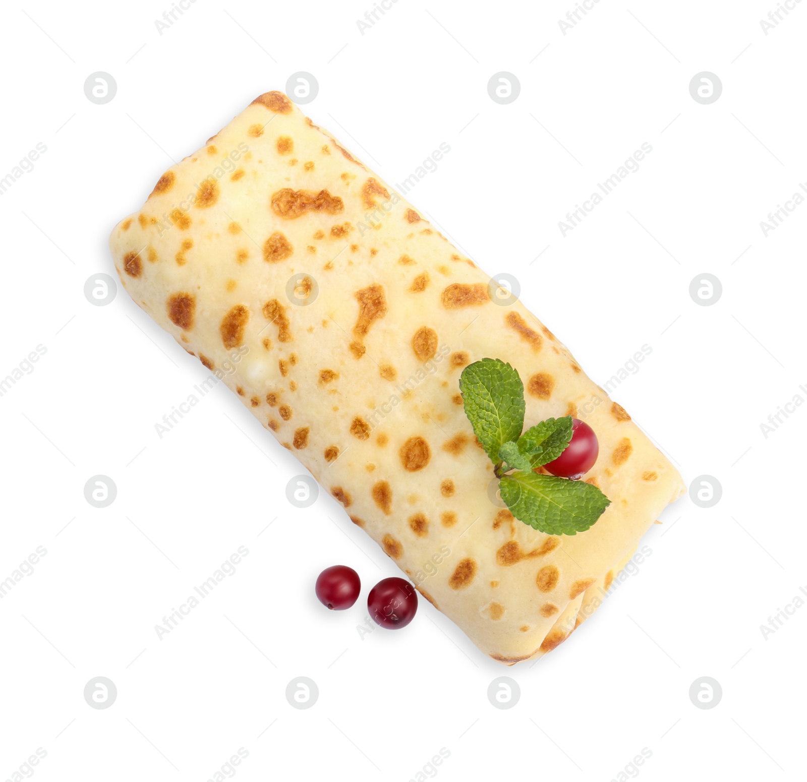 Photo of Delicious rolled crepe with cranberries and mint isolated on white, top view