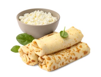 Photo of Delicious rolled crepes with cottage cheese and basil isolated on white