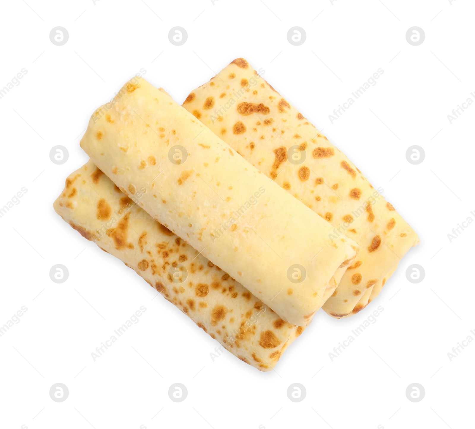 Photo of Three delicious rolled crepes isolated on white, top view