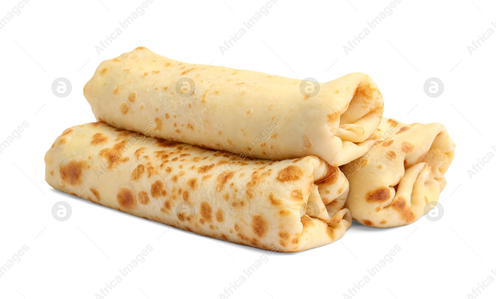 Photo of Three delicious rolled crepes isolated on white