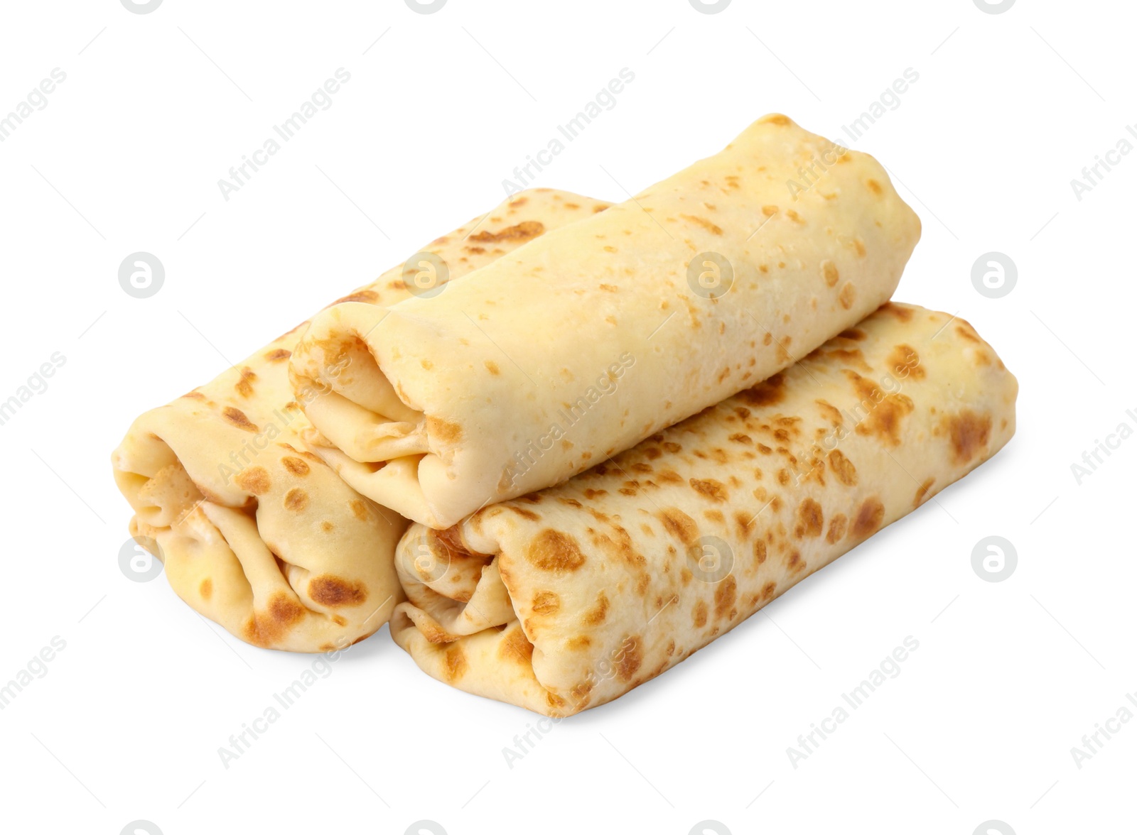 Photo of Three delicious rolled crepes isolated on white