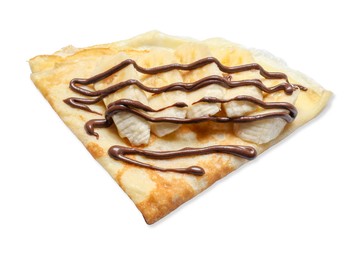 Delicious crepe with chocolate sauce and banana isolated on white