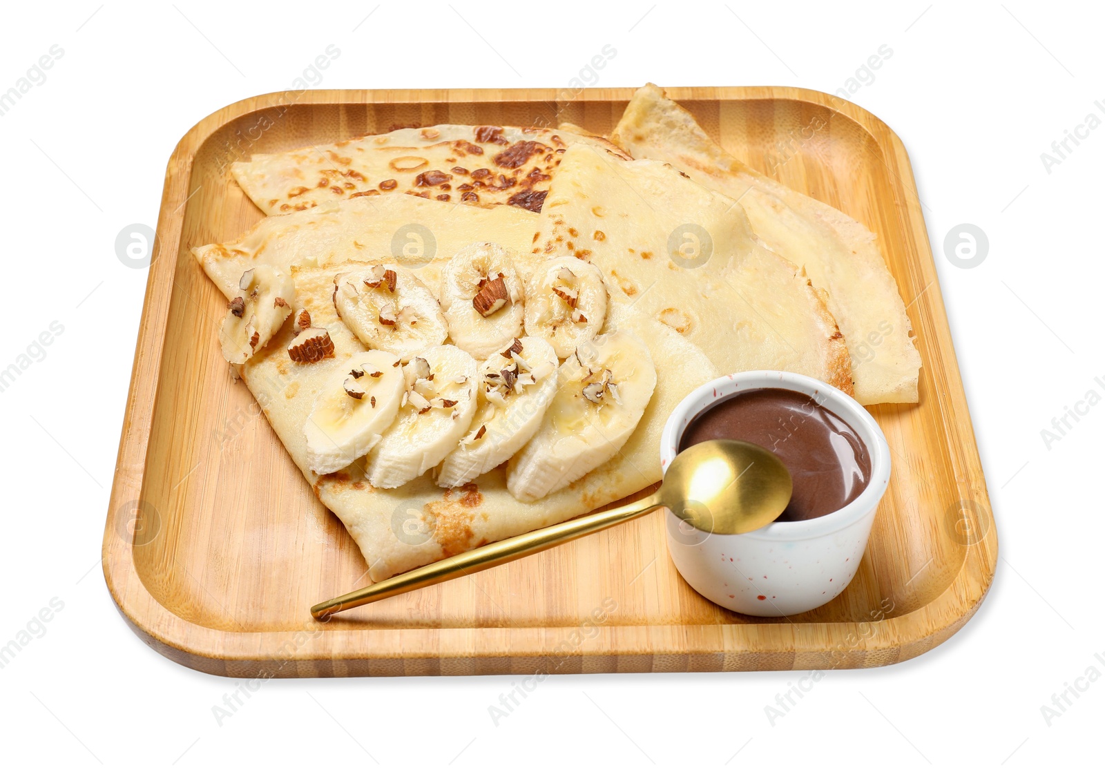 Photo of Delicious crepes with chocolate sauce, banana and almonds isolated on white