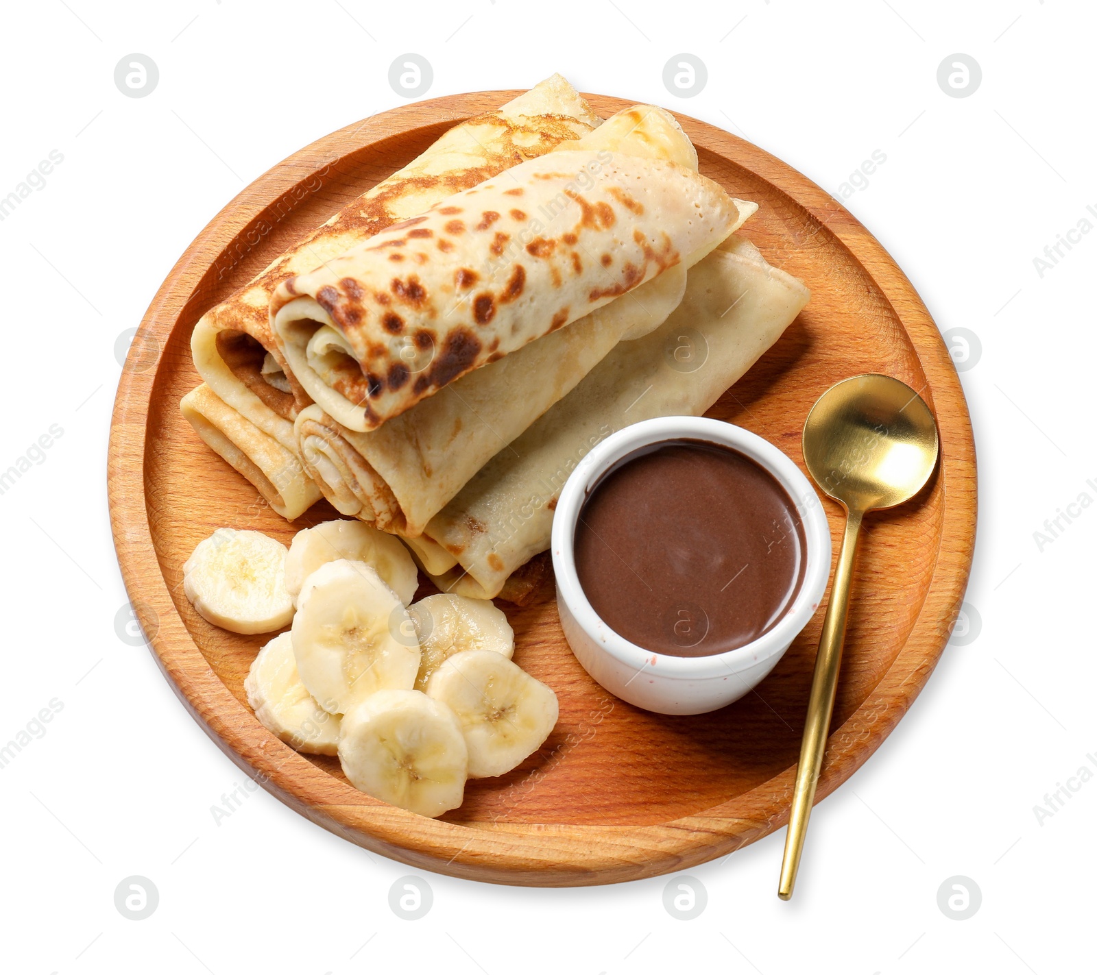 Photo of Delicious crepes with chocolate sauce and banana isolated on white