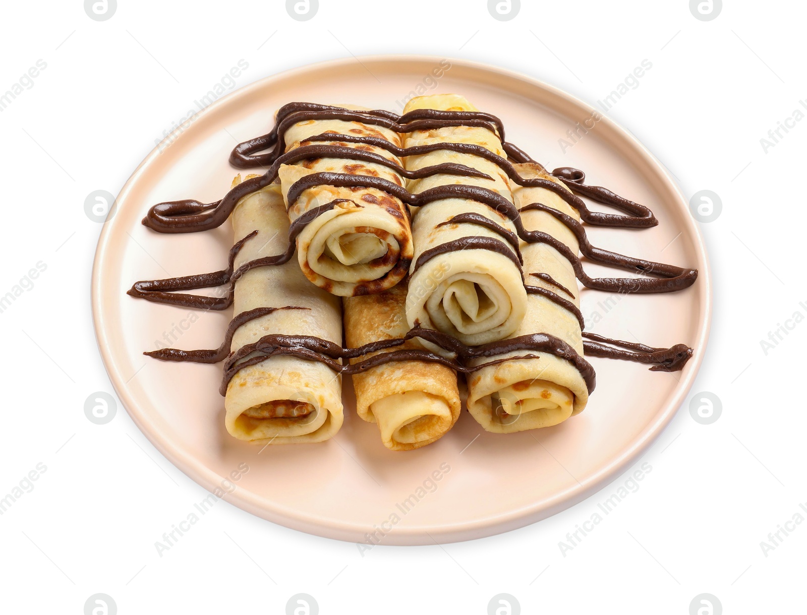 Photo of Delicious crepes with chocolate sauce isolated on white