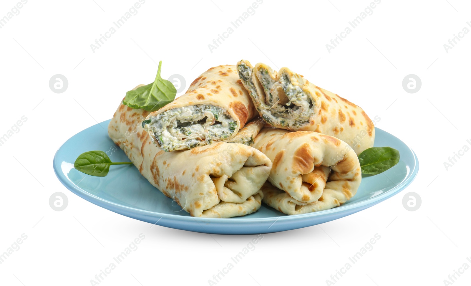 Photo of Tasty rolled crepes with cottage cheese and spinach isolated on white