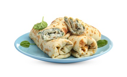 Photo of Tasty rolled crepes with cottage cheese and spinach isolated on white