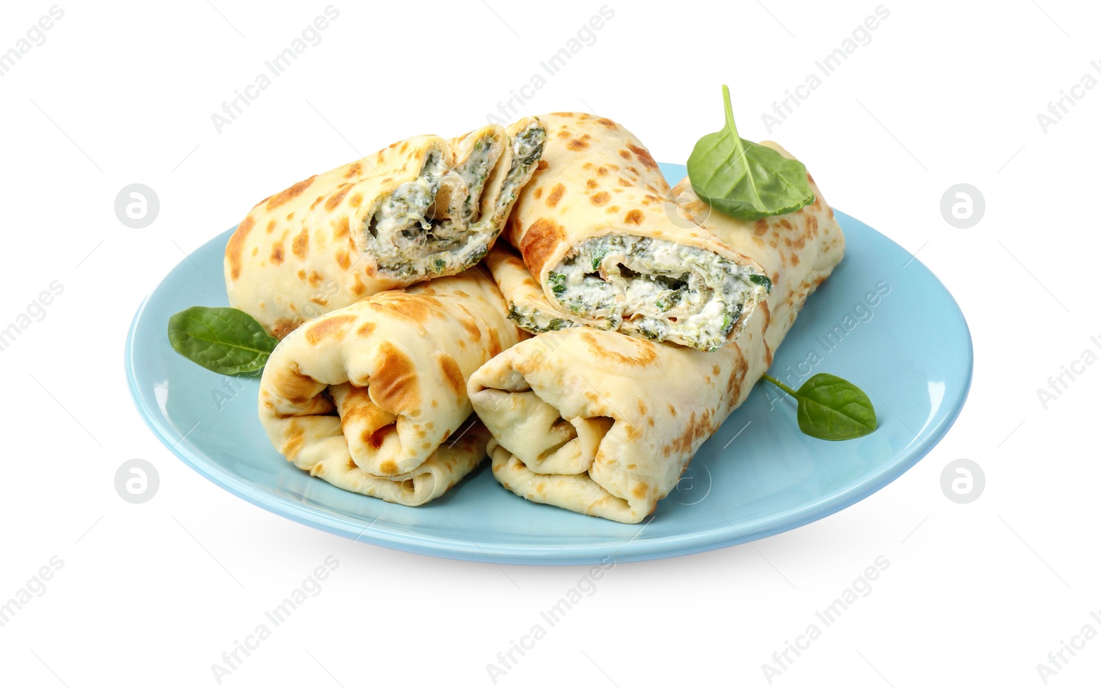 Photo of Tasty rolled crepes with cottage cheese and spinach isolated on white