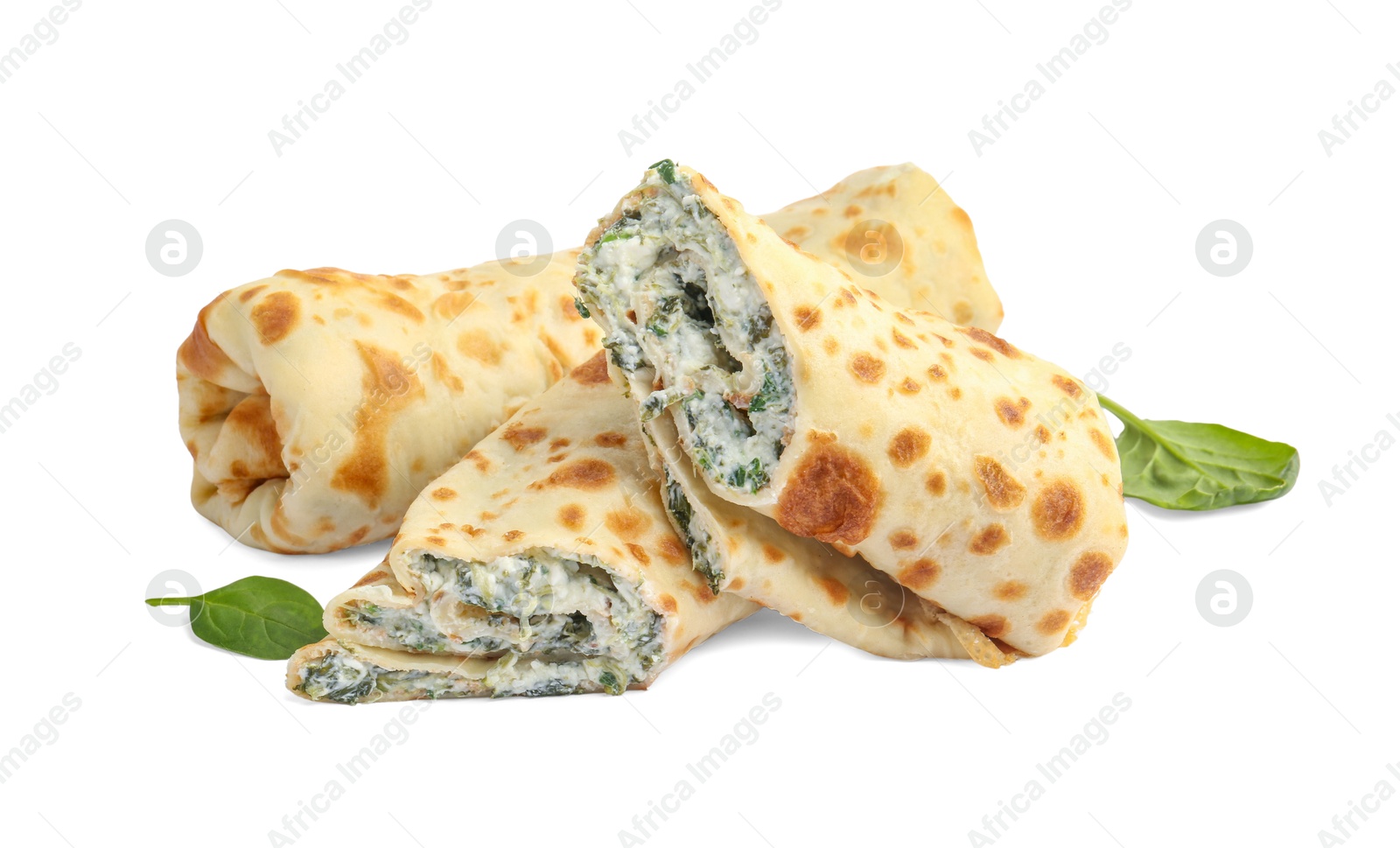 Photo of Tasty rolled crepes with cottage cheese and spinach isolated on white