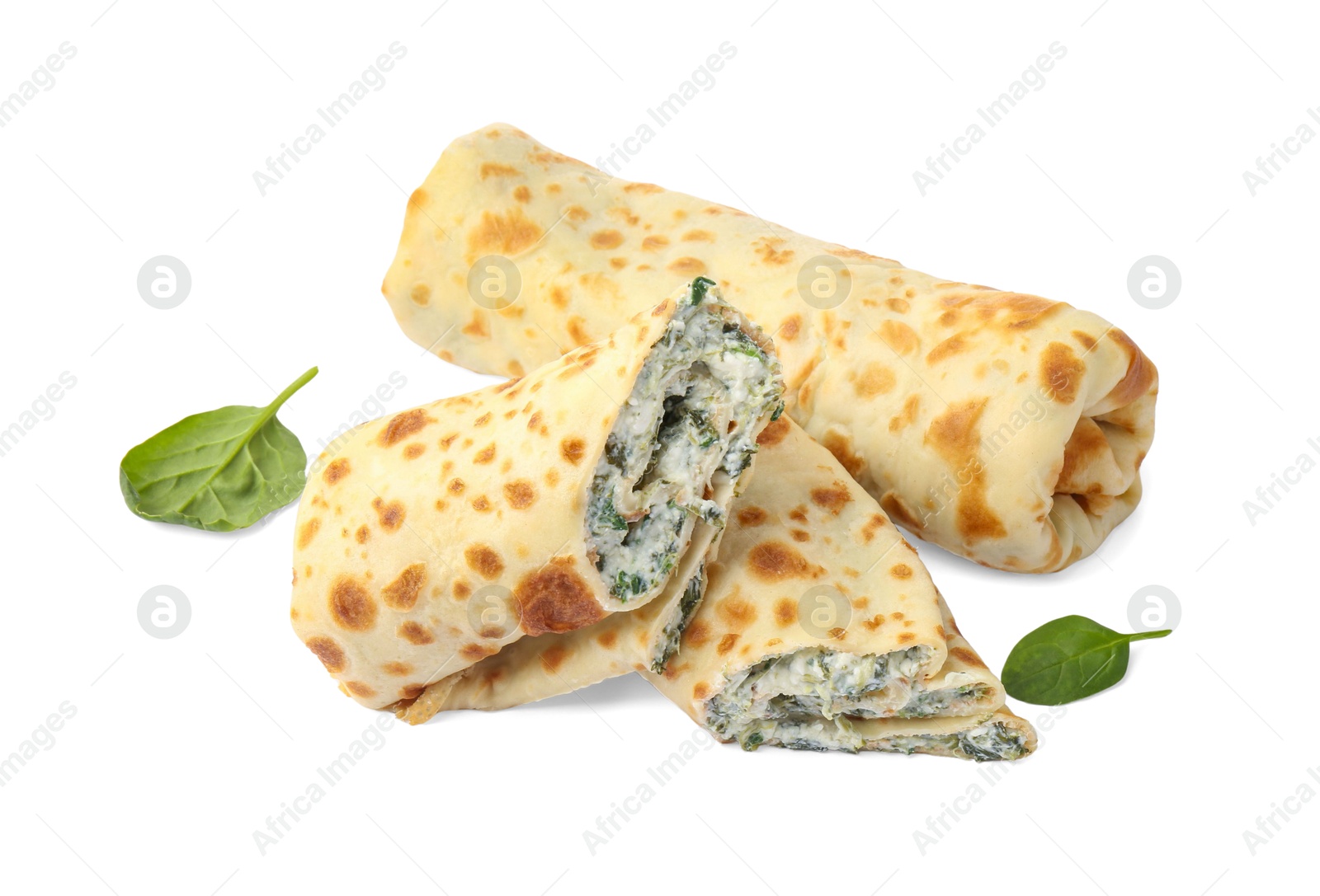 Photo of Tasty rolled crepes with cottage cheese and spinach isolated on white