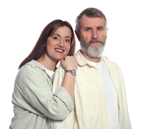 Photo of Family portrait of happy daughter and her father on white background