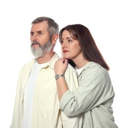 Photo of Adult daughter and her father on white background