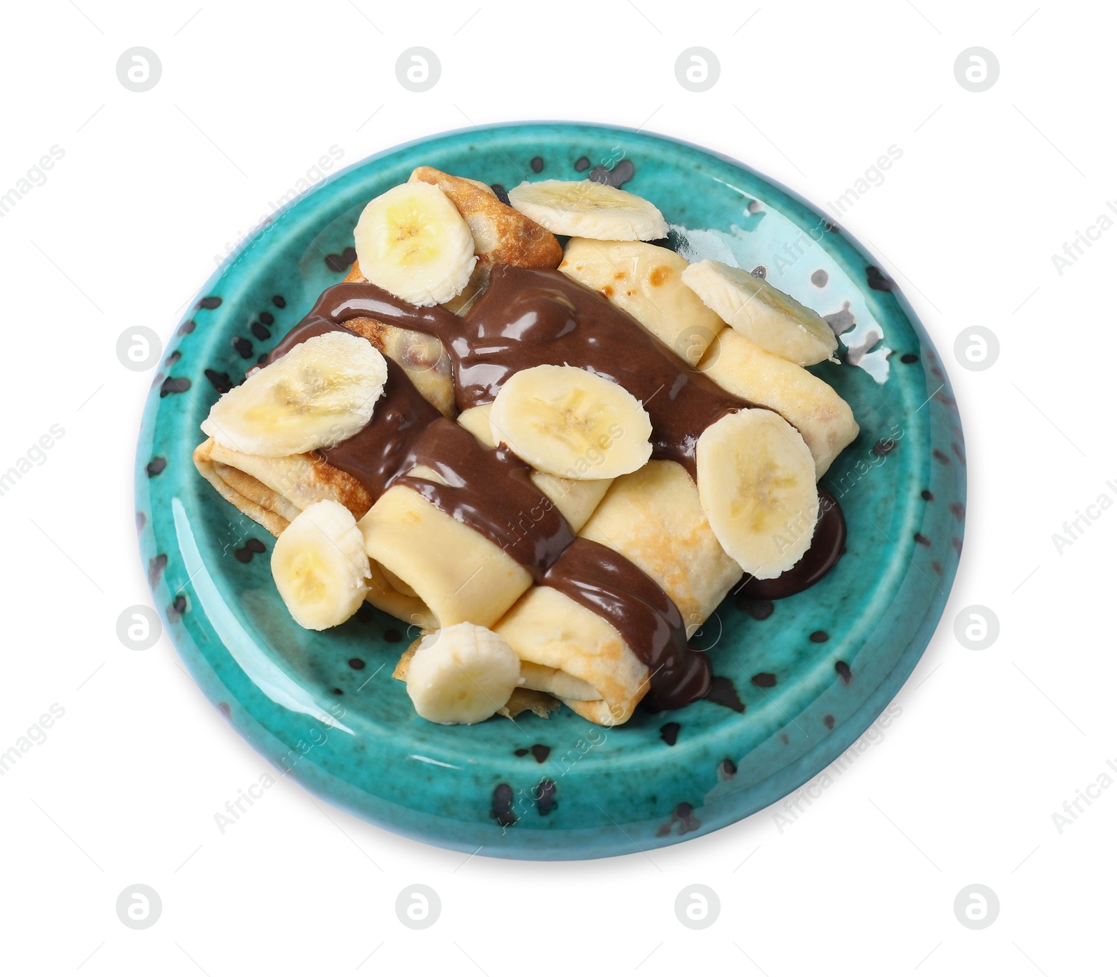 Photo of Delicious crepes with banana and chocolate paste isolated on white