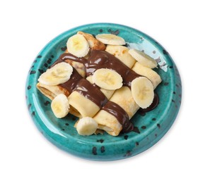 Photo of Delicious crepes with banana and chocolate paste isolated on white