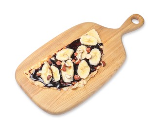 Delicious crepe with banana, nuts and chocolate sauce isolated on white