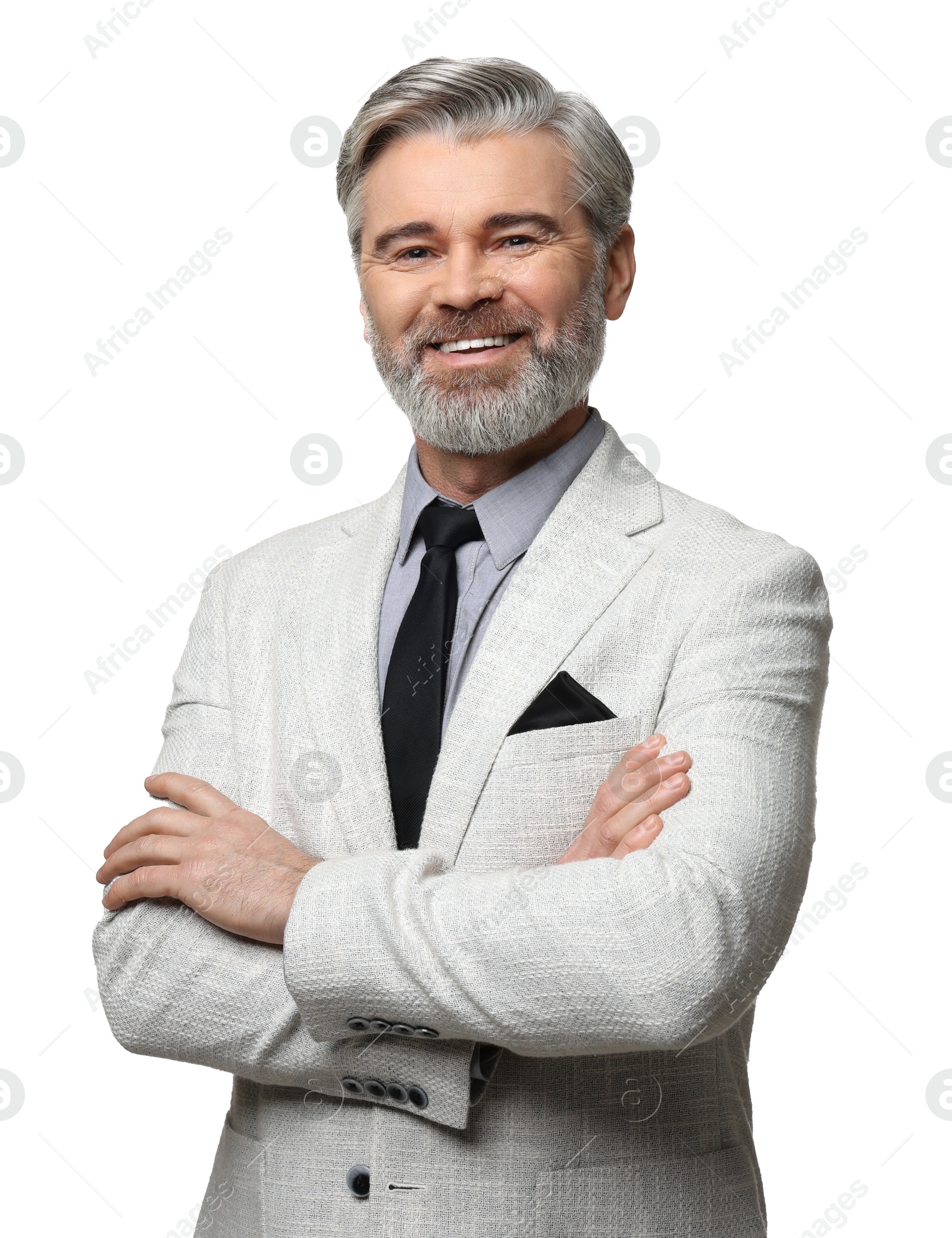 Photo of Portrait of banker in jacket on white background