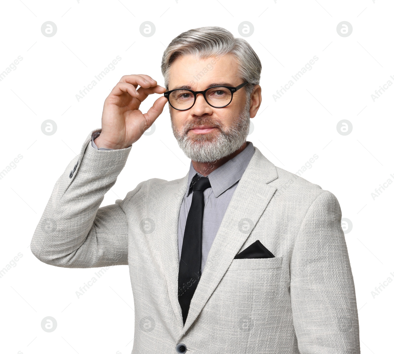 Photo of Portrait of banker in jacket on white background